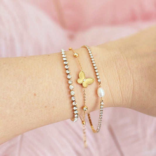dainty tennis bracelet gold butterfly pearl stack van cleef dupe