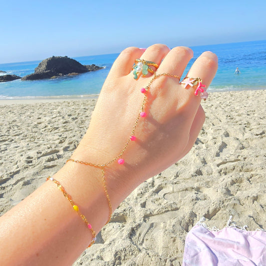 pink gold hand chain bracelet dainty rings