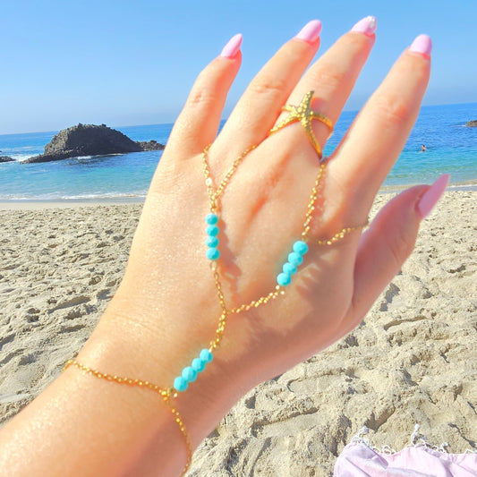 dainty unique gold turquoise hand chain waterproof starfish ring