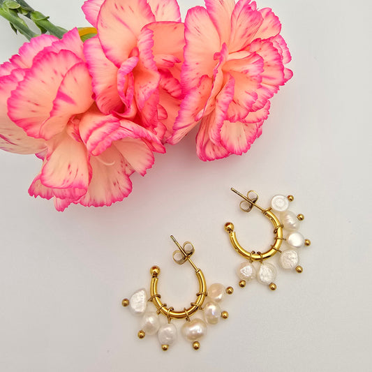 delicate gold tiny pearl hoop earrings tarnish free