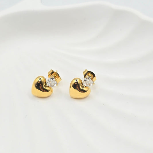 sweatproof double heart gold diamond earrings