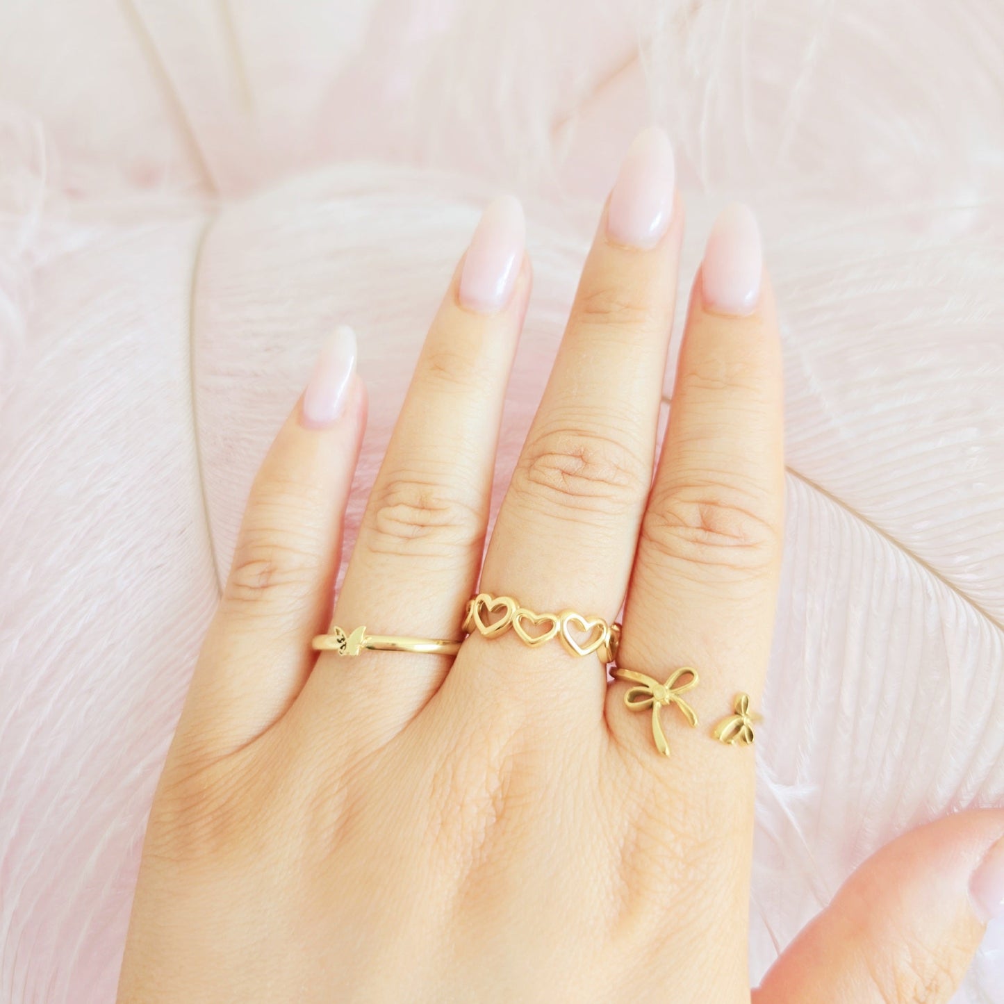 dainty tiny gold butterfly hearts bows ring