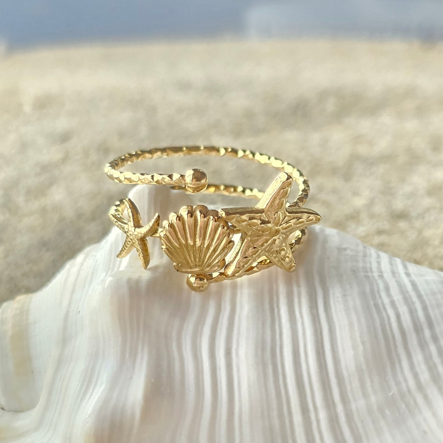 sea shells starfish gold waterproof ring vacation beach jewelry