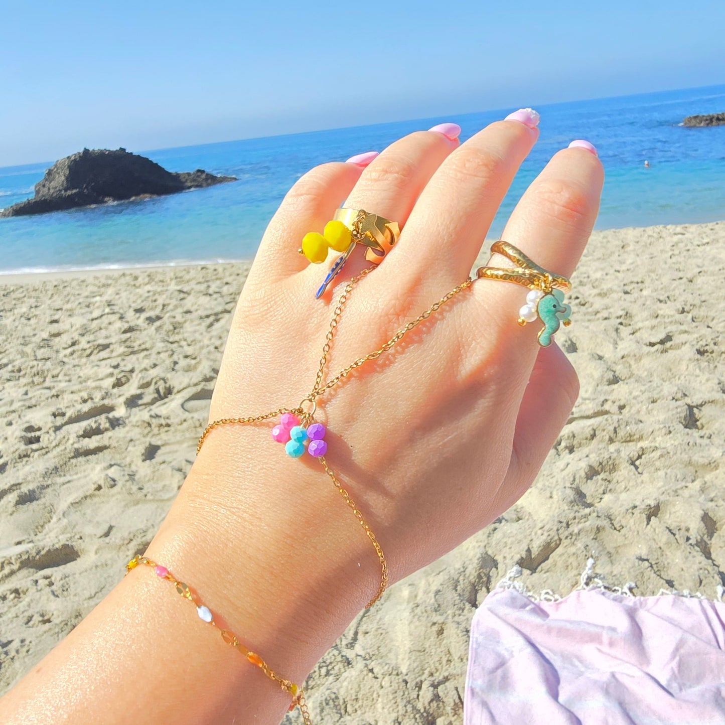 gold waterproof beach jewelry hand chain bracelet rings