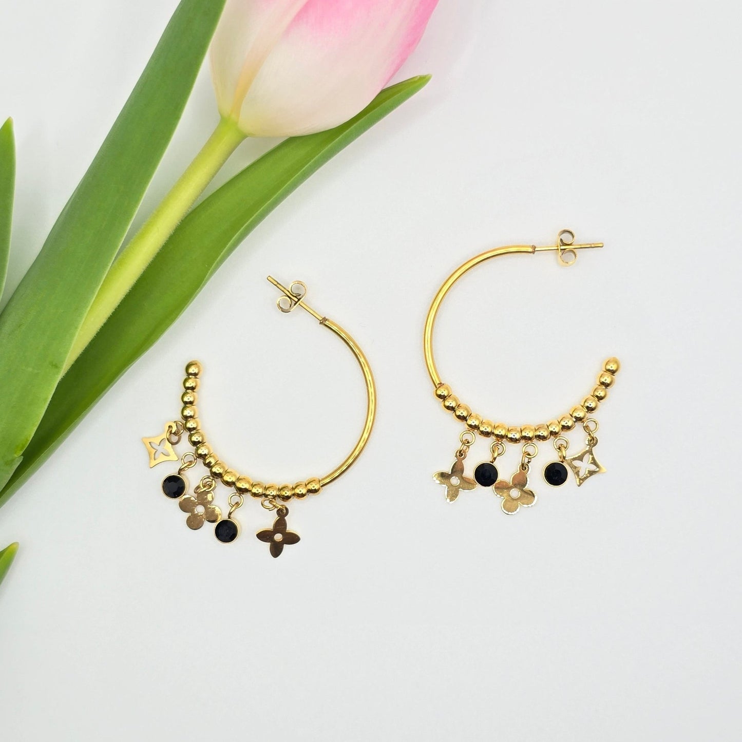 delicate hoop with mini dangle clover gold waterproof earrings