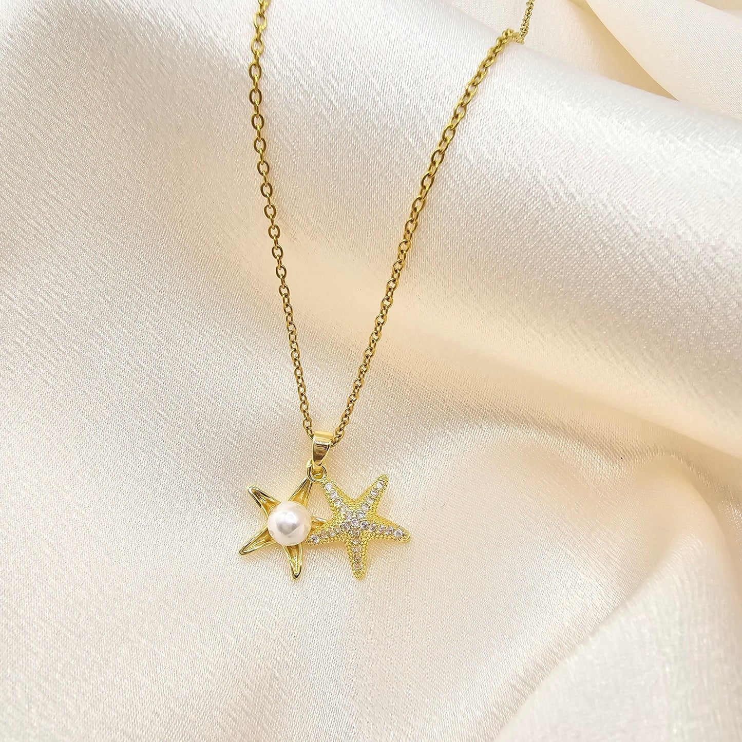 dainty gold starfish pearl waterproof necklace vacation