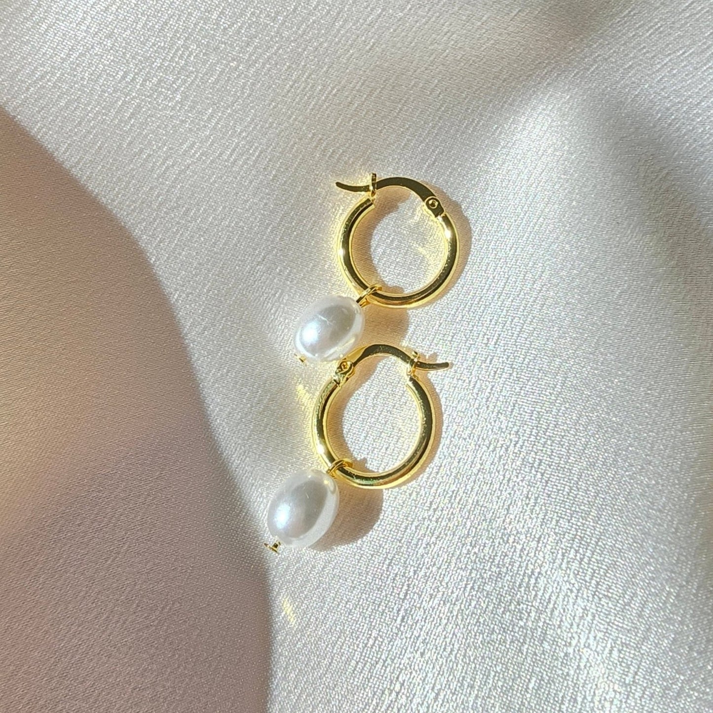 delicate gold pearl hoop dangle earrings sweatproof