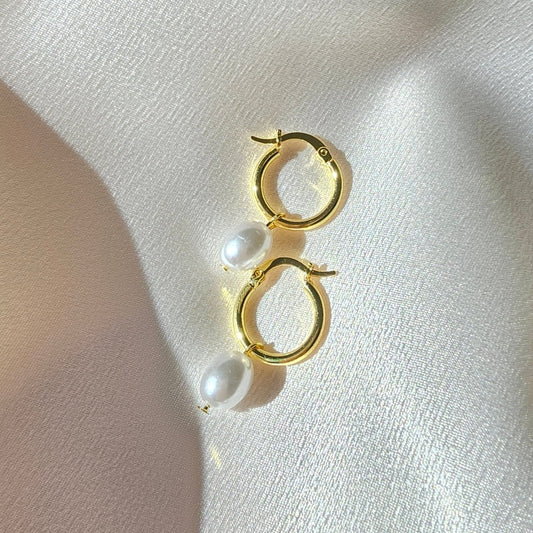 delicate gold pearl hoop dangle earrings sweatproof