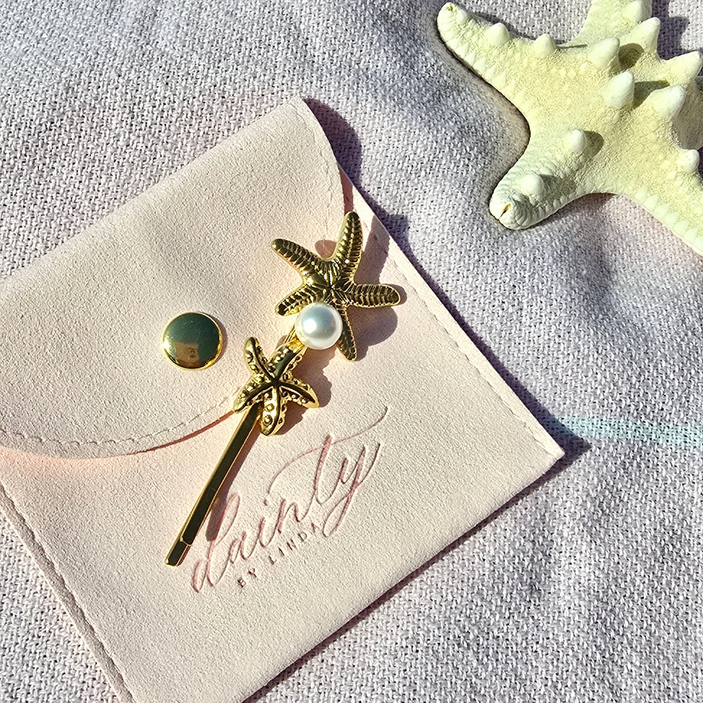 gold starfish and pearl hair pin beach jewelry