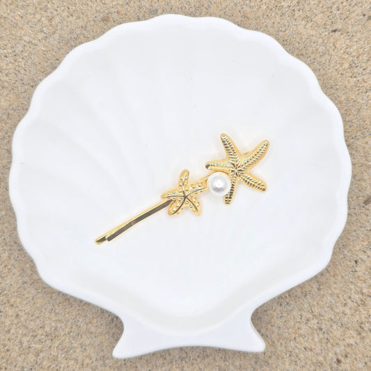 gold starfish and pearl hair clip beach jewelry