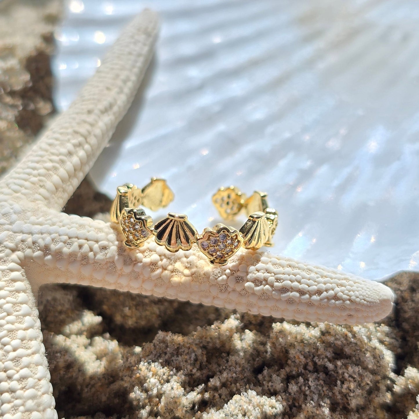 dainty gold mini shells open waterproof sweatproof vacation ring jewelry