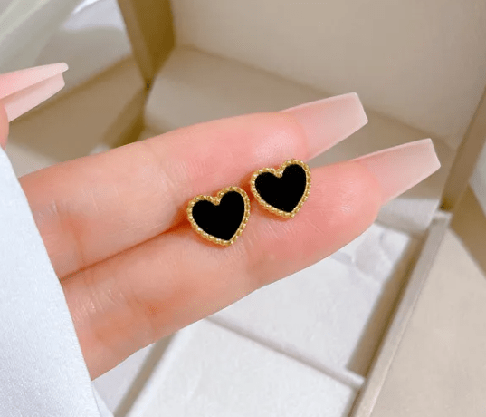 dainty black heart gold stud earrings waterproof