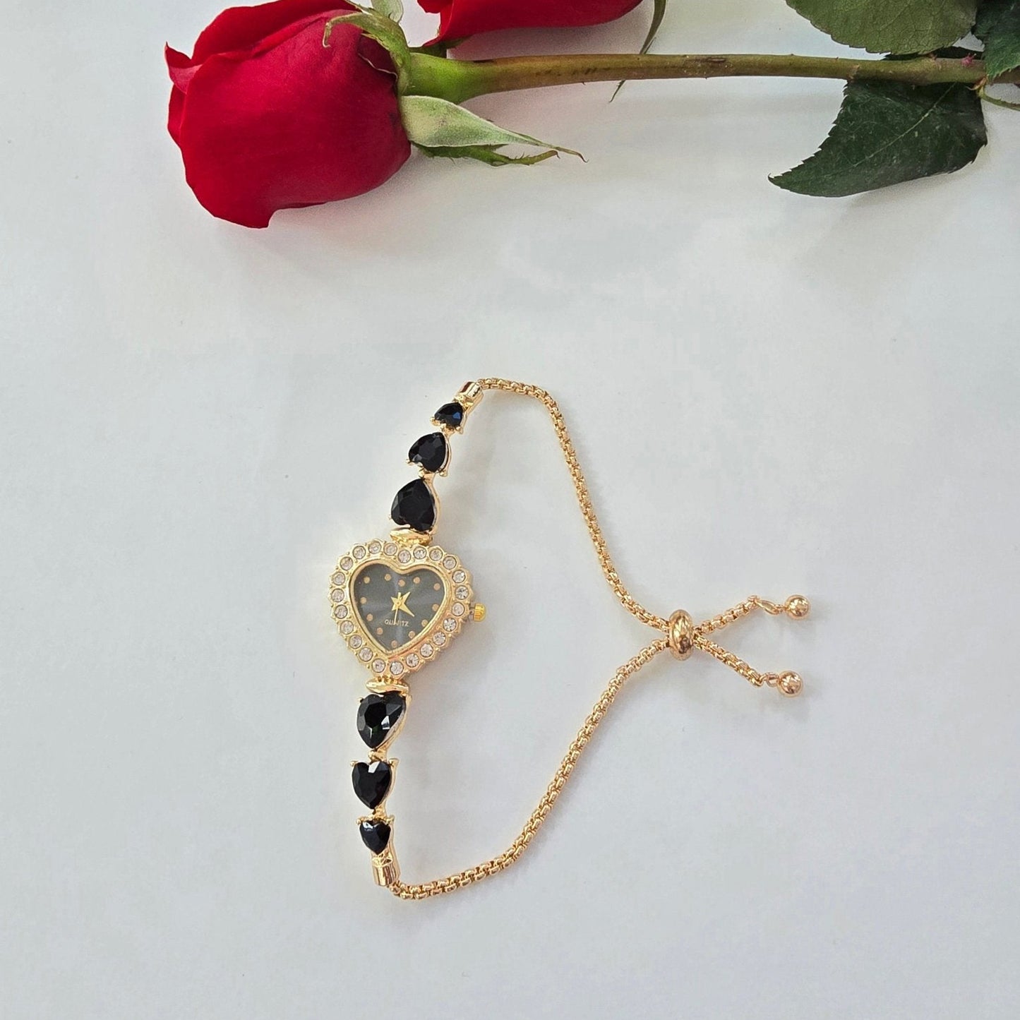 dainty black heart gold vintage inspired bracelet watch valentines day gift
