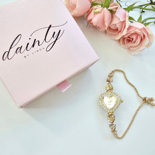 dainty champagne heart gold vintage inspired bracelet watch valentines day gift