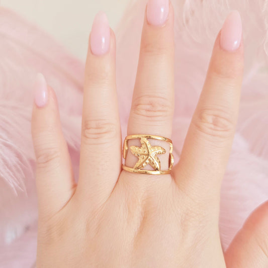 waterproof gold starfish shells ring