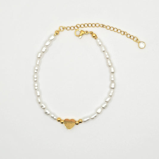 pearl bracelet with gold heart dainty