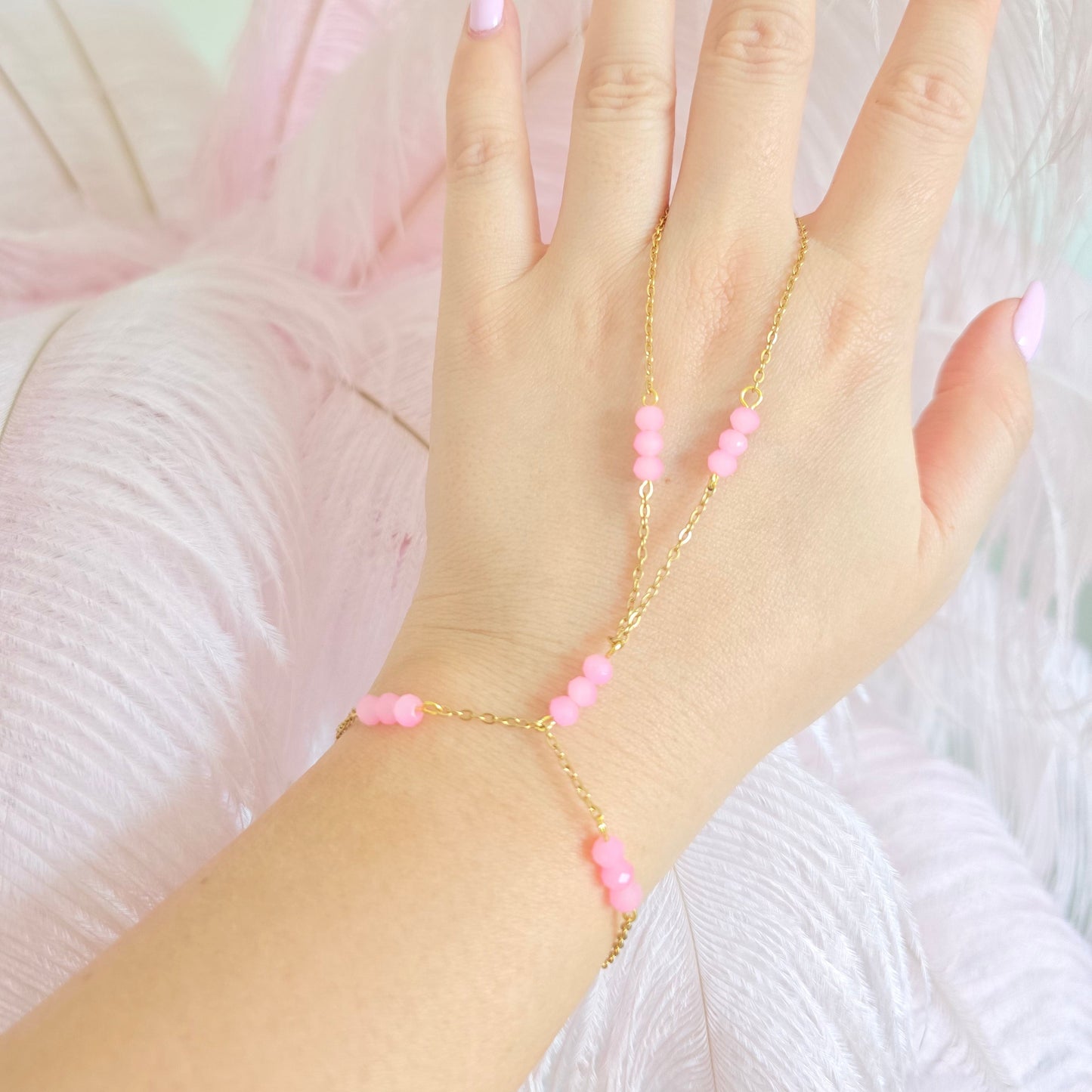 dainty delicate girly pink hand chain stack