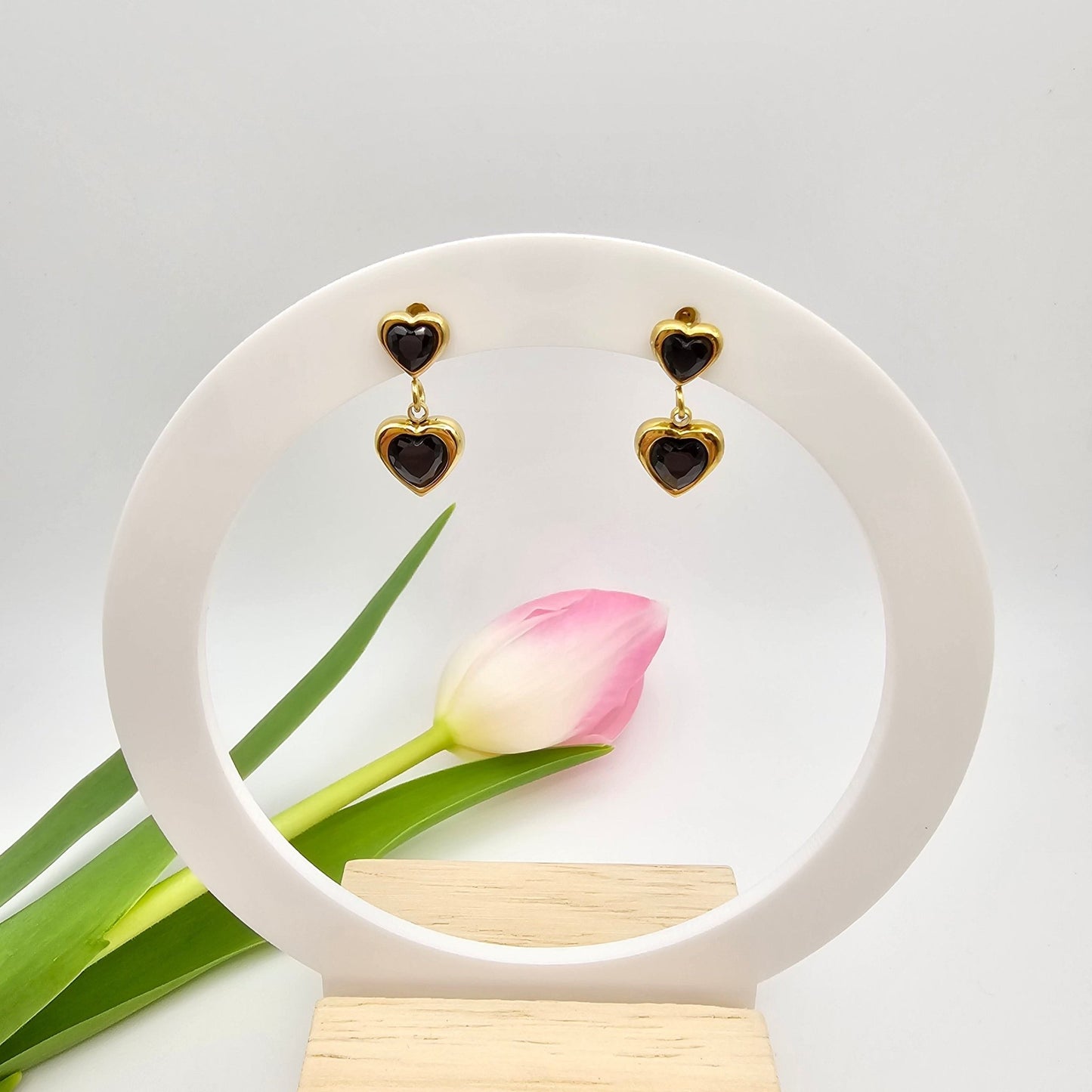 dainty black heart drop earrings gold waterproof