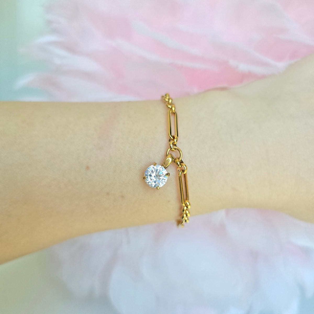 gold waterproof round cz charm bracelet