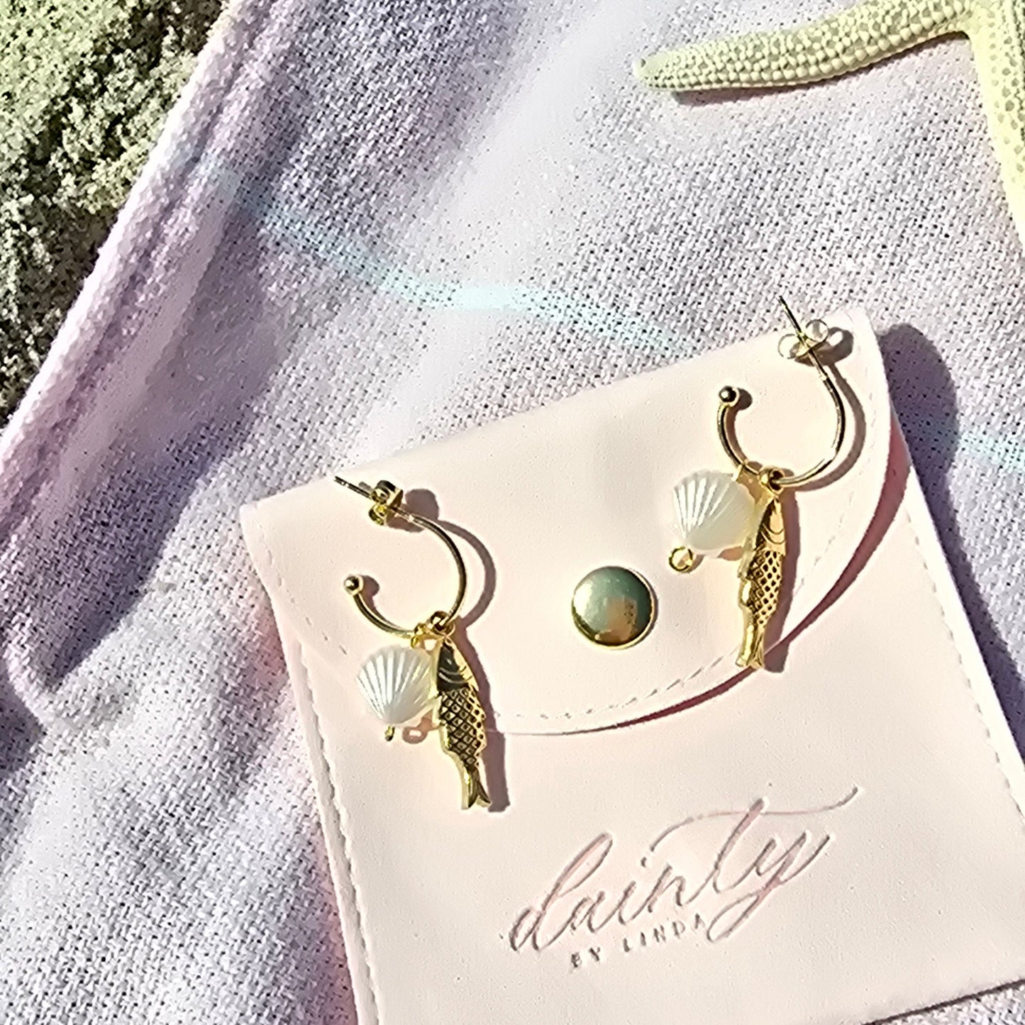 small fish and shell pearl earrings hoops