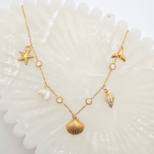 dainty gold charms necklace beach jewelry