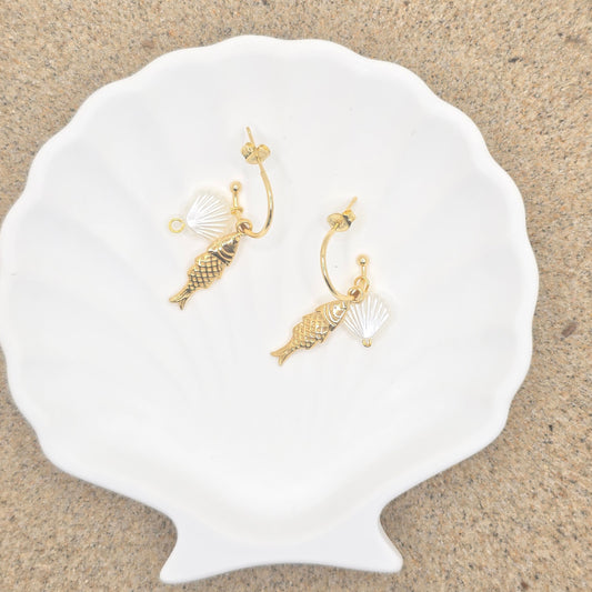 small fish pearl shell earrings gold