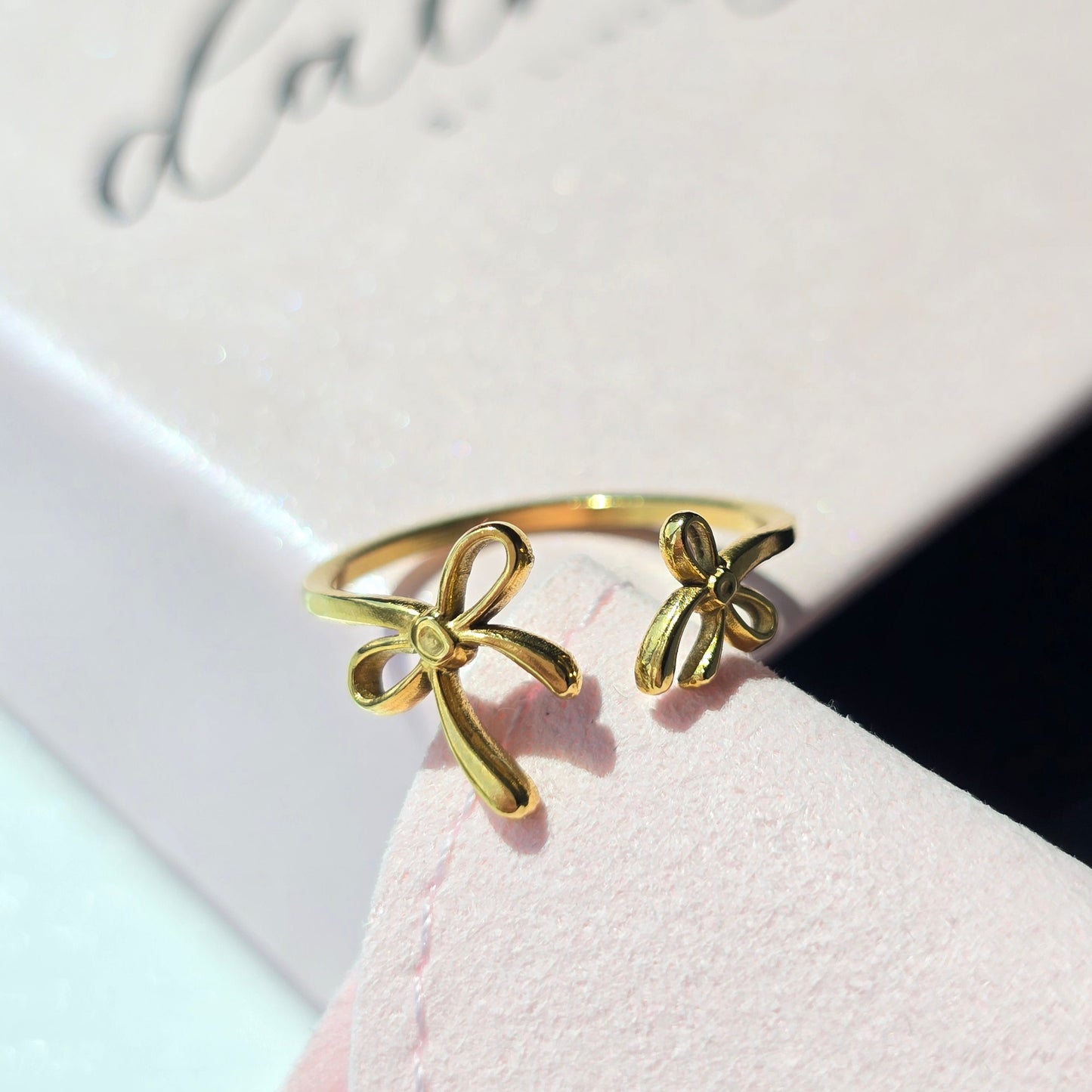 dainty gold double bow ring stackable