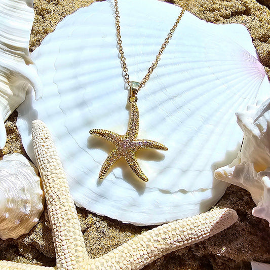 delicate tarnish free starfish gold sparkly necklace summer vacation jewelry