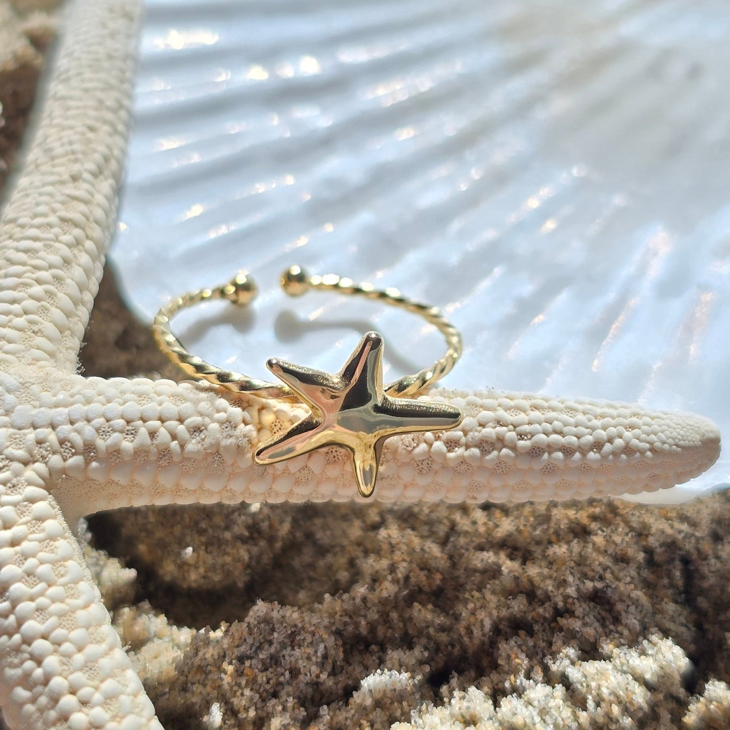 dainty gold starfish waterproof vacation ring jewelry open size