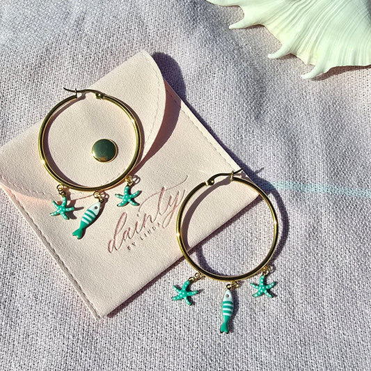 green starfish mini fish dangle hoop earrings