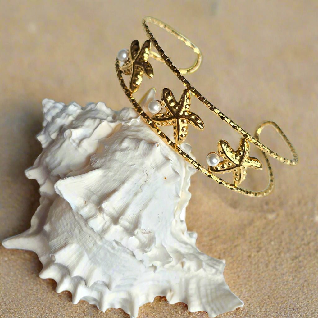 dainty gold starfish pearl waterproof bangle vacation jewelry beach