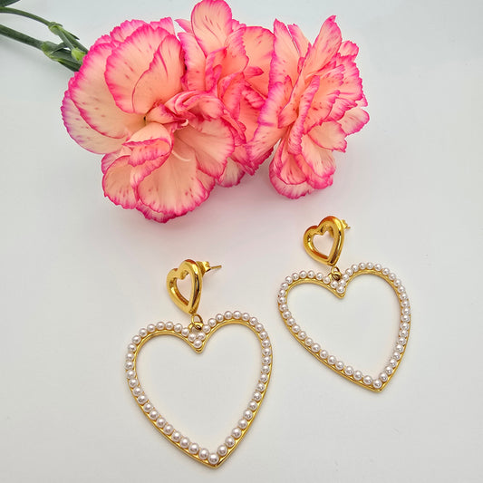 double heart gold pearl earrings statement