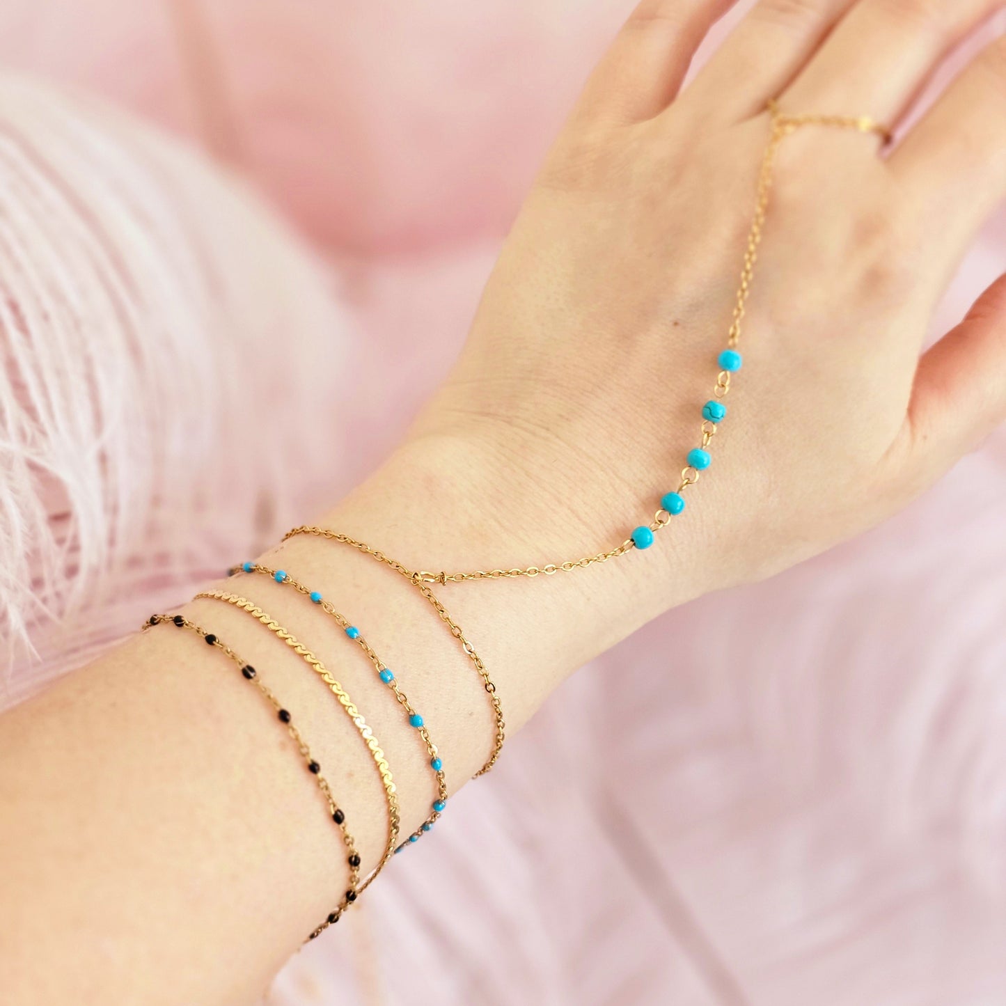 turquoise hand chain black bracelet gold waterproof stackable
