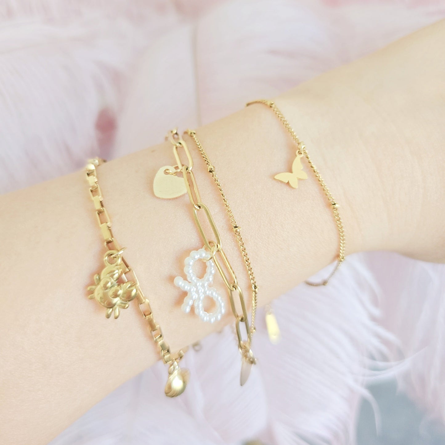 dainty cute butterfly gold bracelet pearl bow hearts ocean beach jewelry