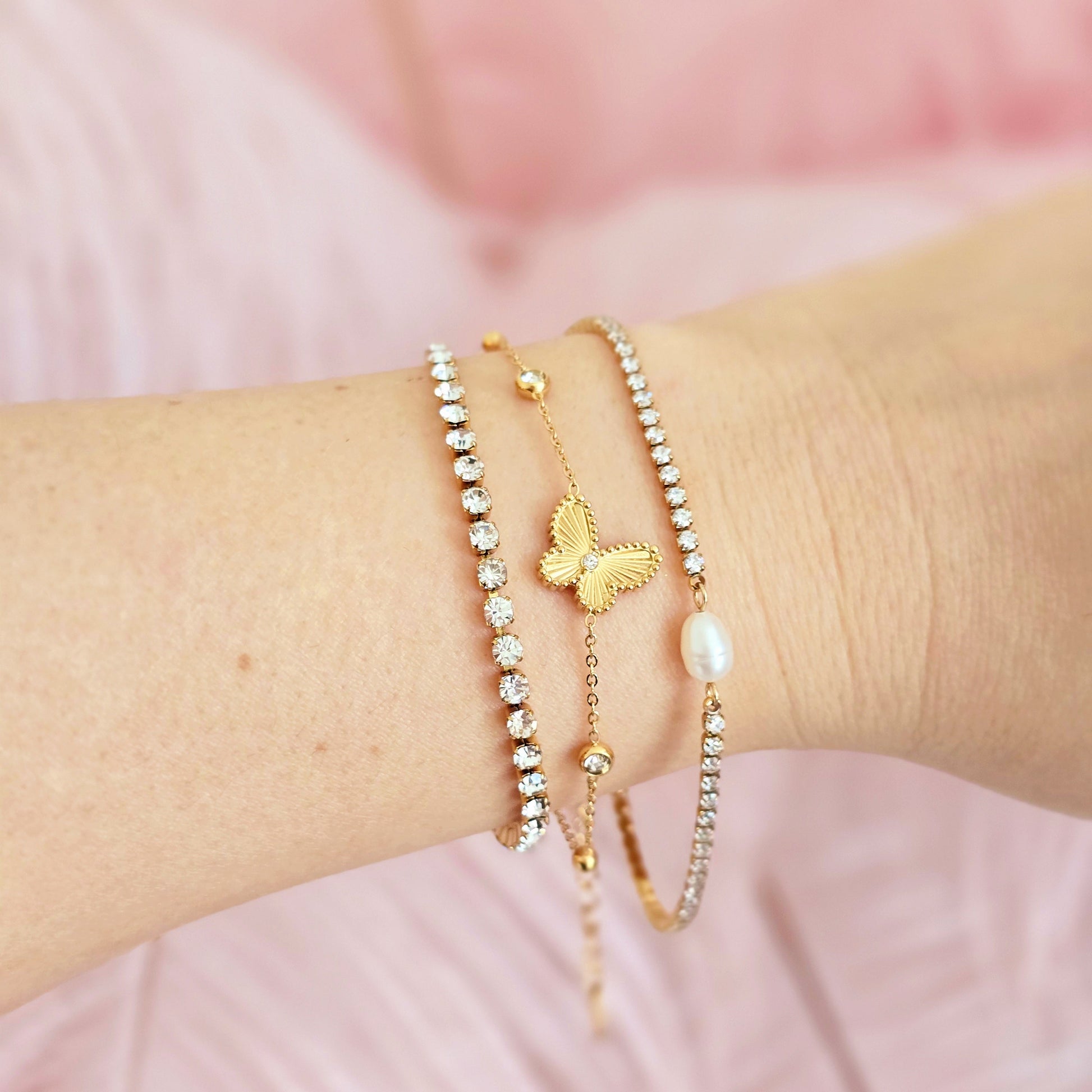 dainty tennis bracelet gold butterfly pearl stack van cleef dupe
