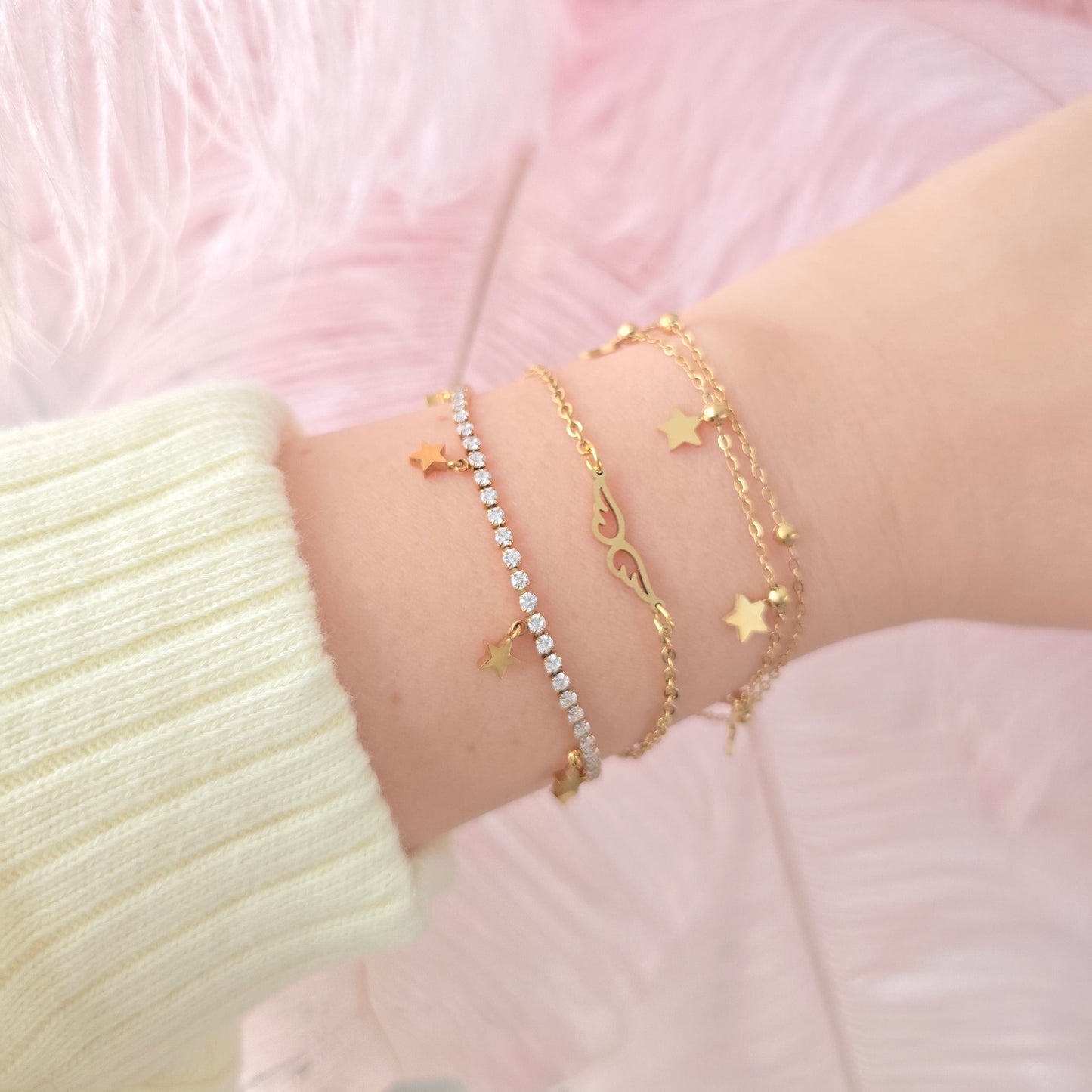 dainty gold angel wings stars bracelet stack