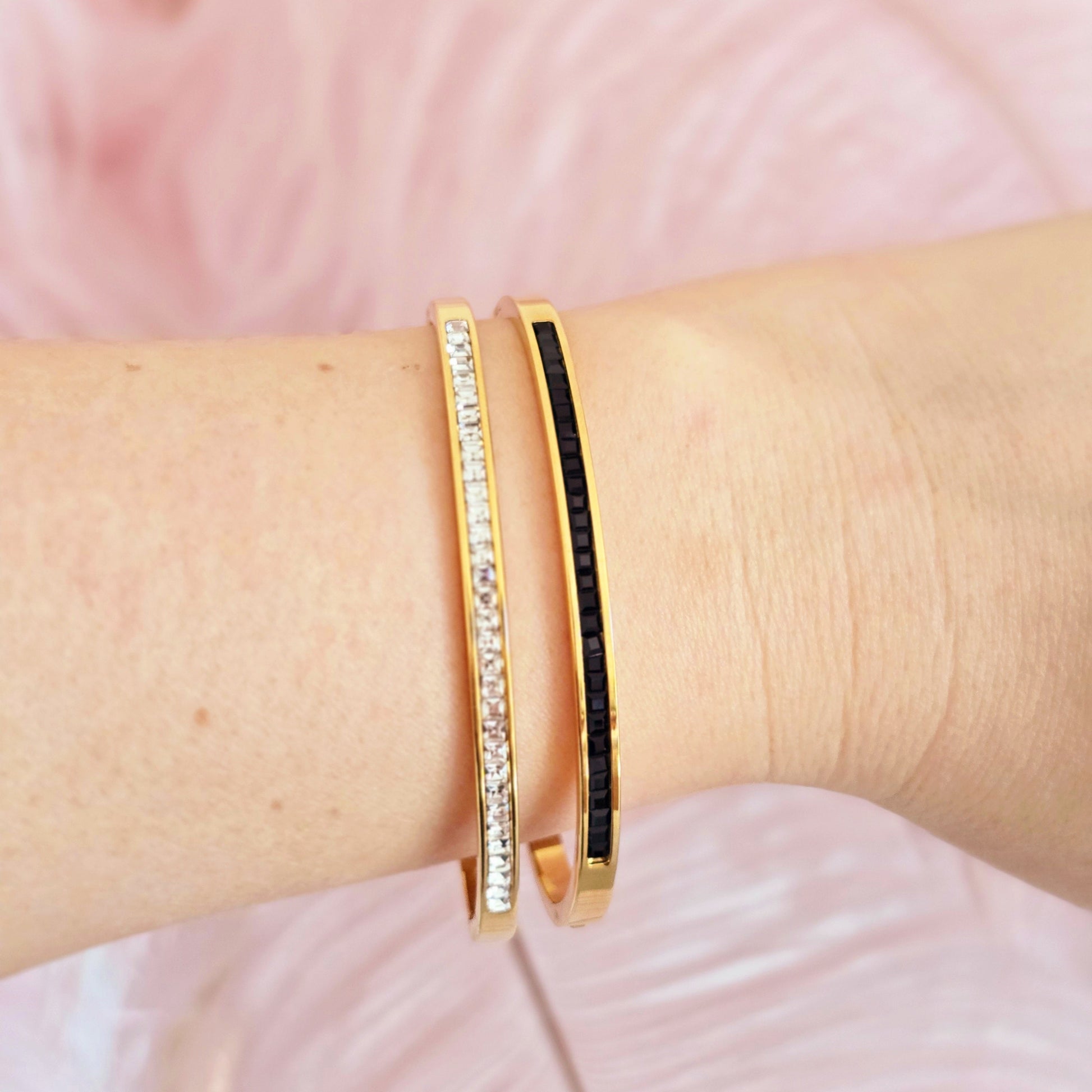 white diamond and black diamond gold bangle stackable