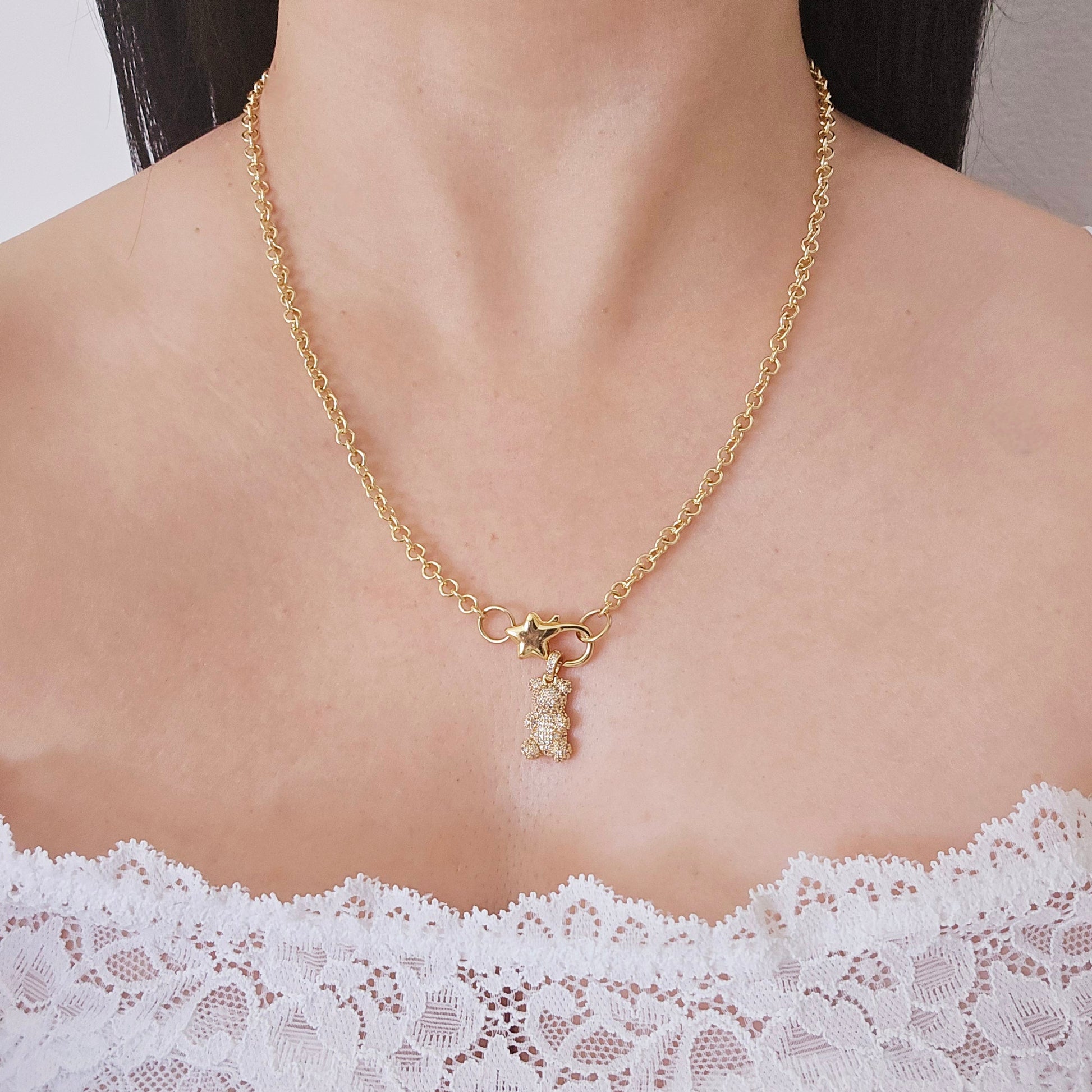 gold star teddy bear charms necklace