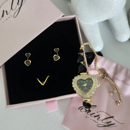 dainty gold black heart jewelry set