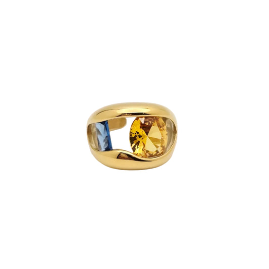 chunky gold ring with yellow and blue stones