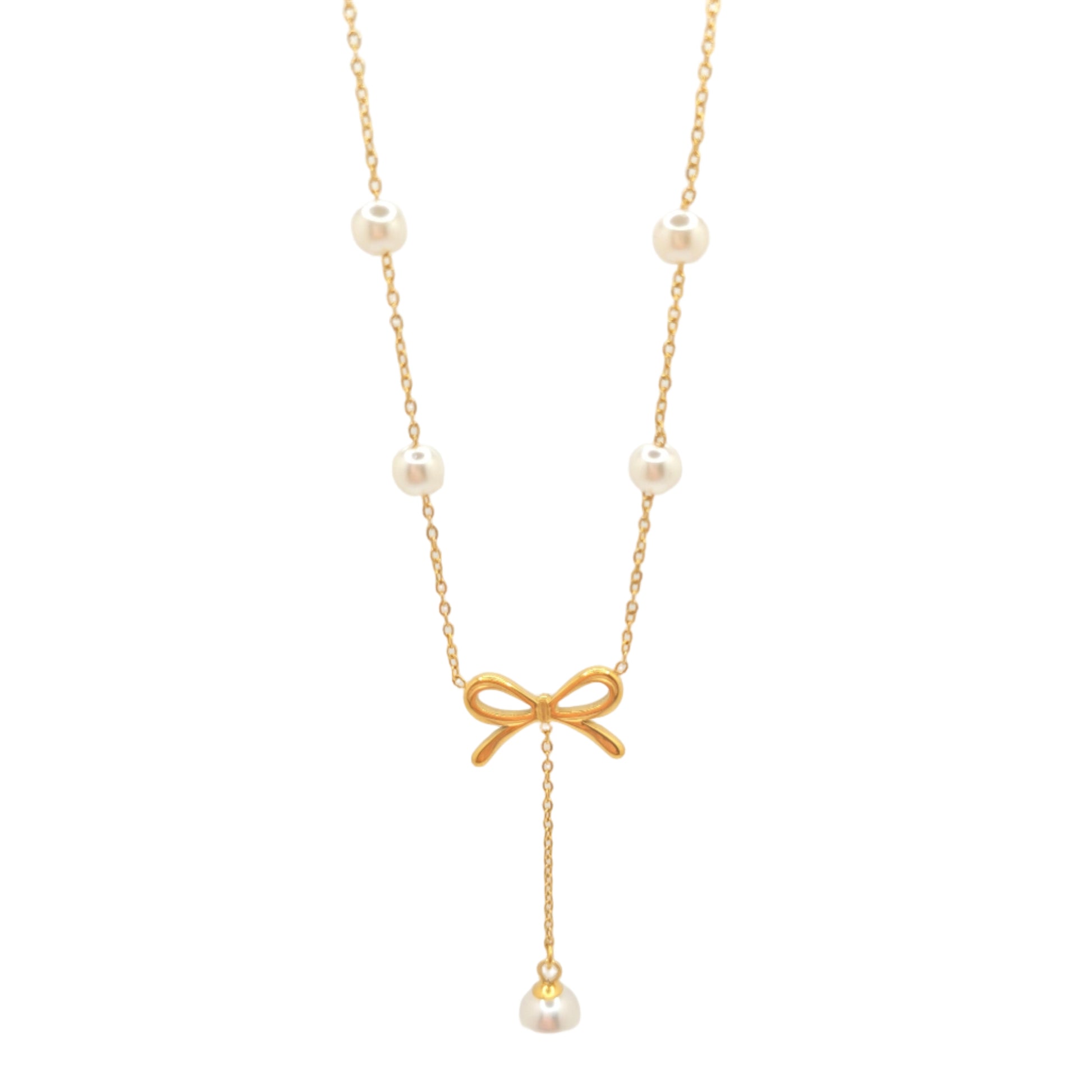 dainty gold bow with pearls necklace lariat