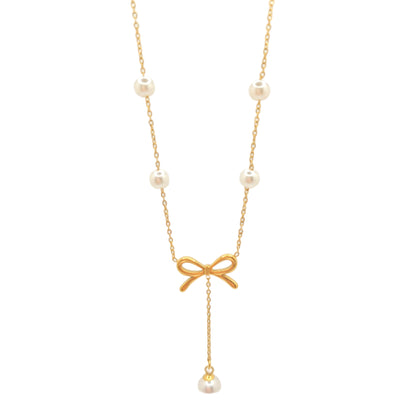dainty gold bow with pearls necklace lariat