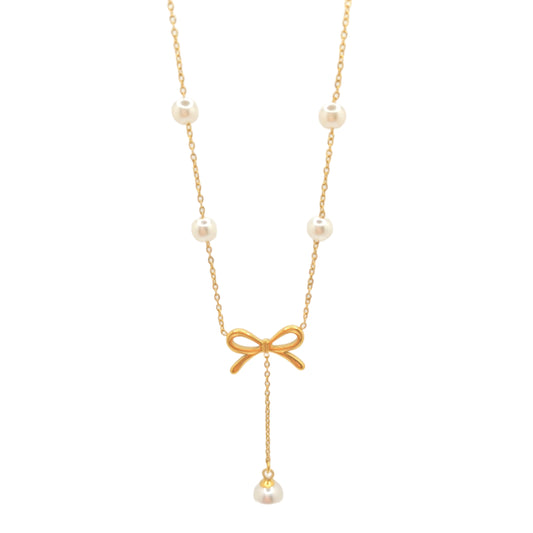 dainty gold bow with pearls necklace lariat