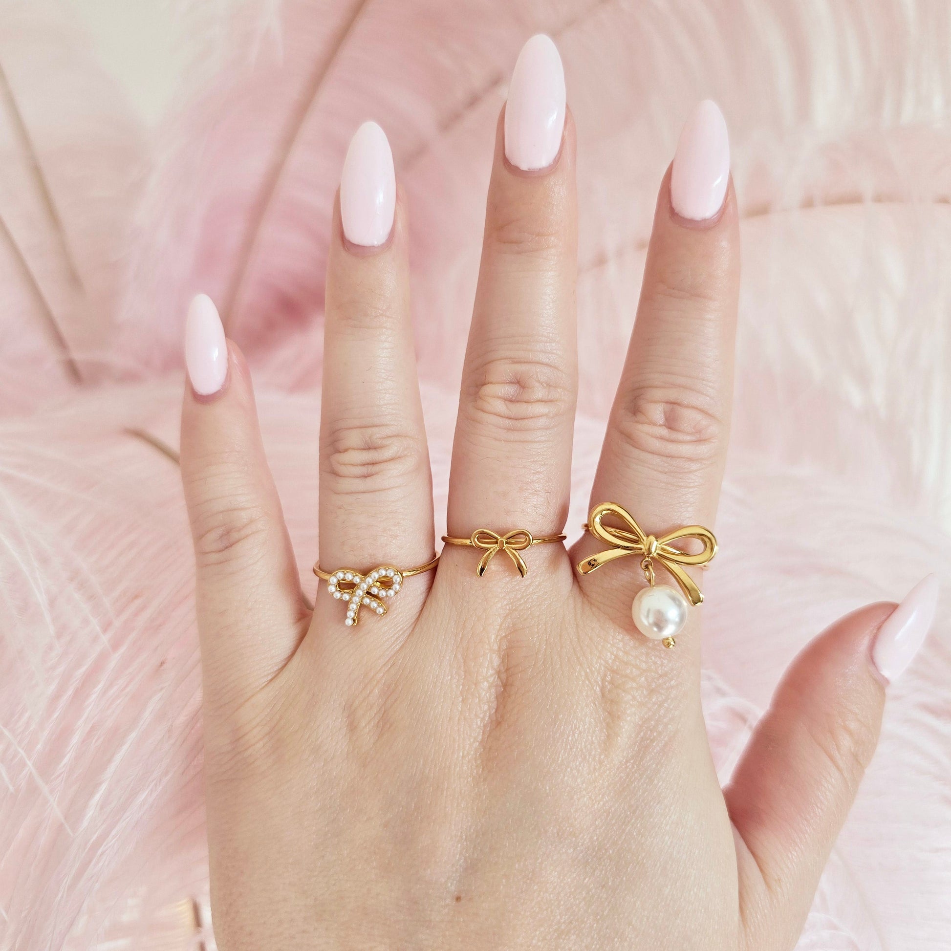 dainty gold pearl bow rings stacking