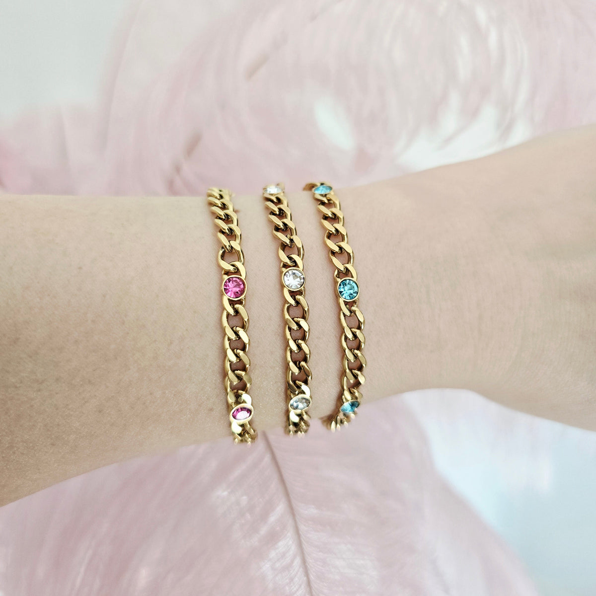 gold waterproof pink white blue stacking bracelets