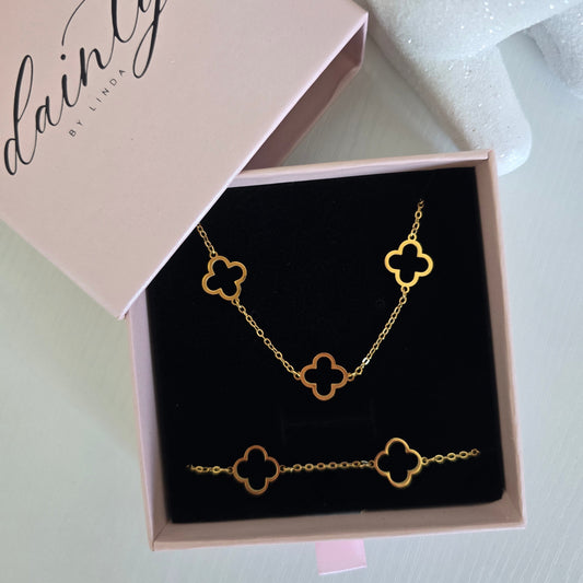 gold dainty clover necklace bracelet set