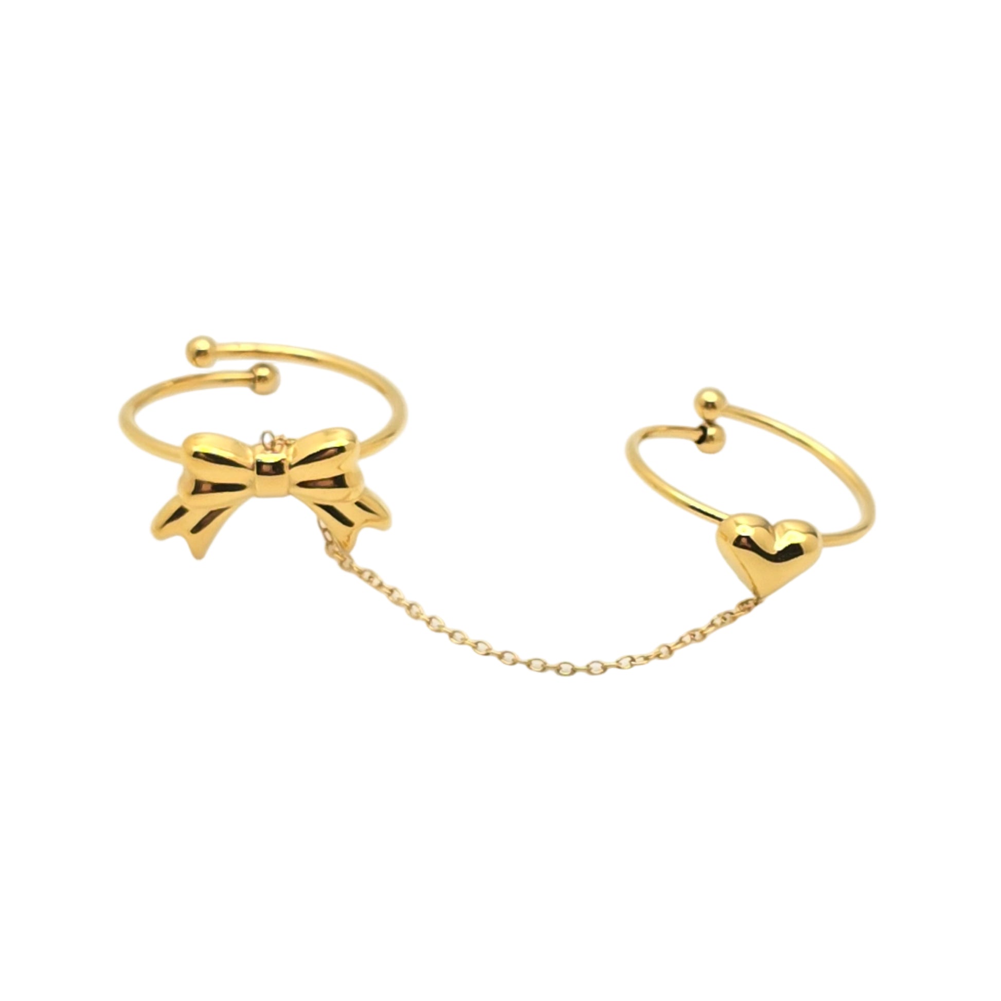 dainty gold double connected ring bow heart
