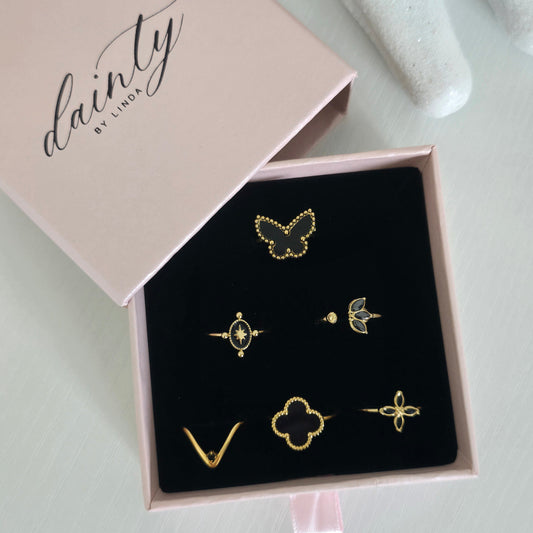 dainty gold black ring set