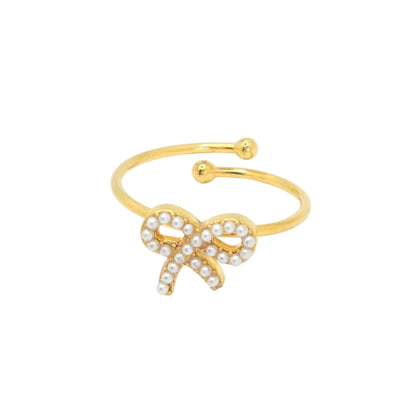 tiny delicate stackable bow pearl ring cute