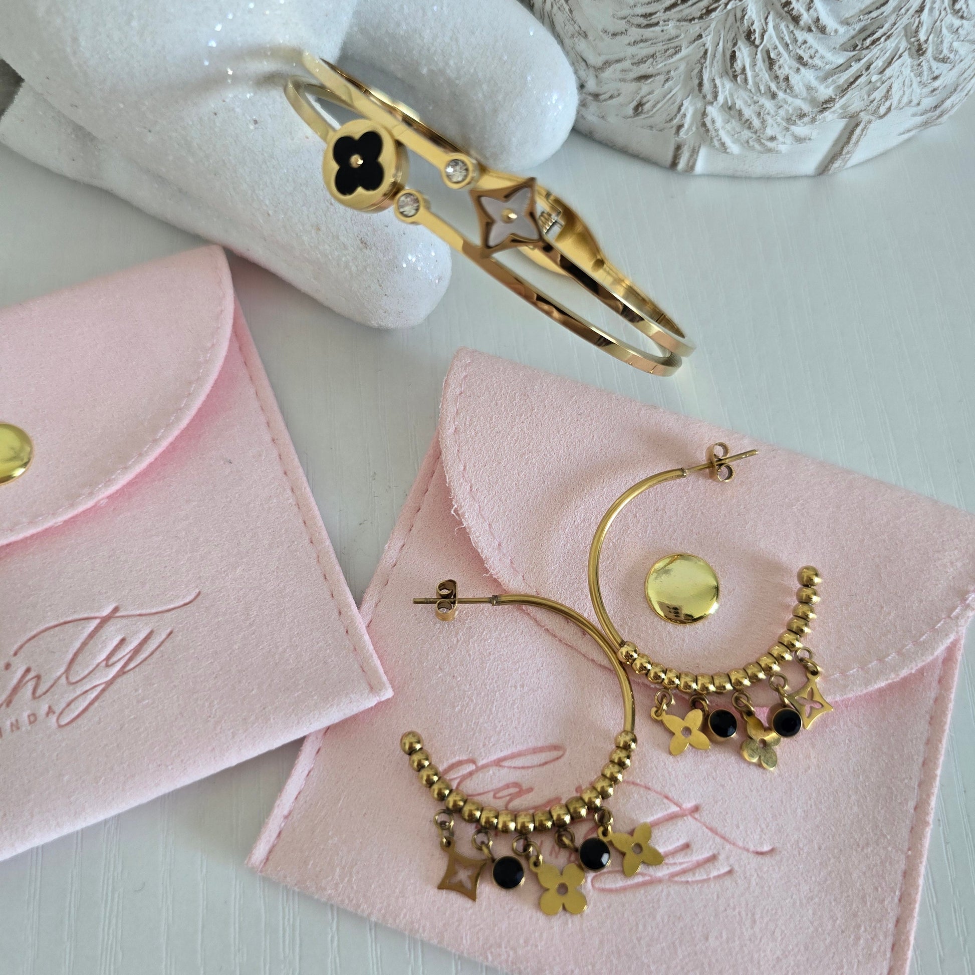 dainty gold mini clover bangle earrings